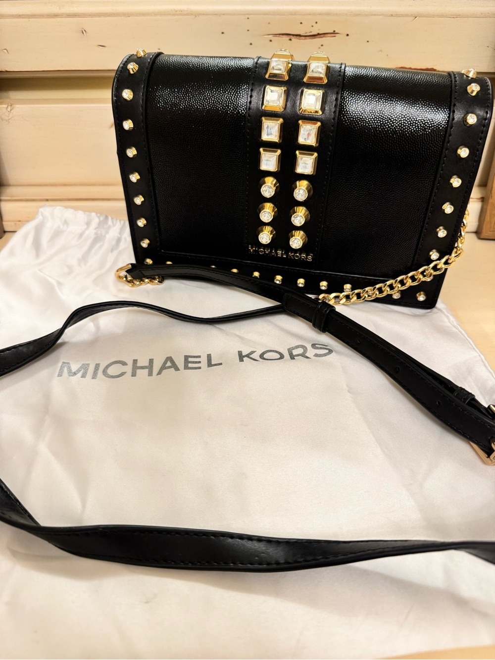 Michael Kors Black Leather Crossbody with Gold Stud and Chain Accents